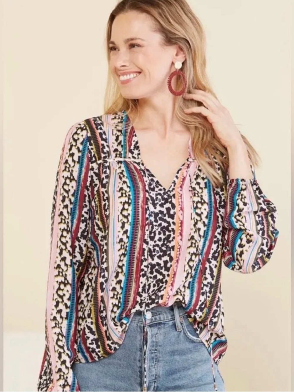 Marie Oliver Phoebe Peasant Blouse Medium Animal Print Striped Colorful Top